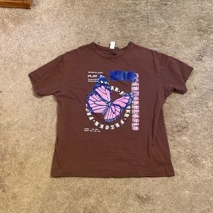 Romwe Short Sleeve Brown Butterfly Shirt Size M